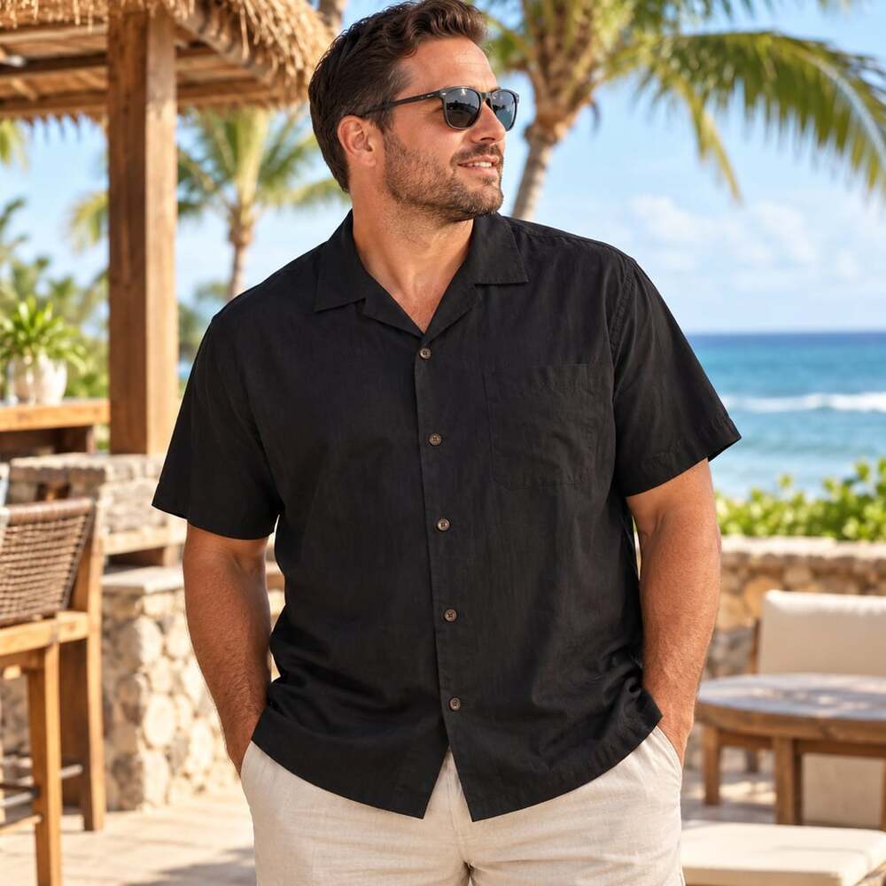 Tommy Bahama 100% Silk Shirt Size L Black Short Sleeve Original Fit Vacation
